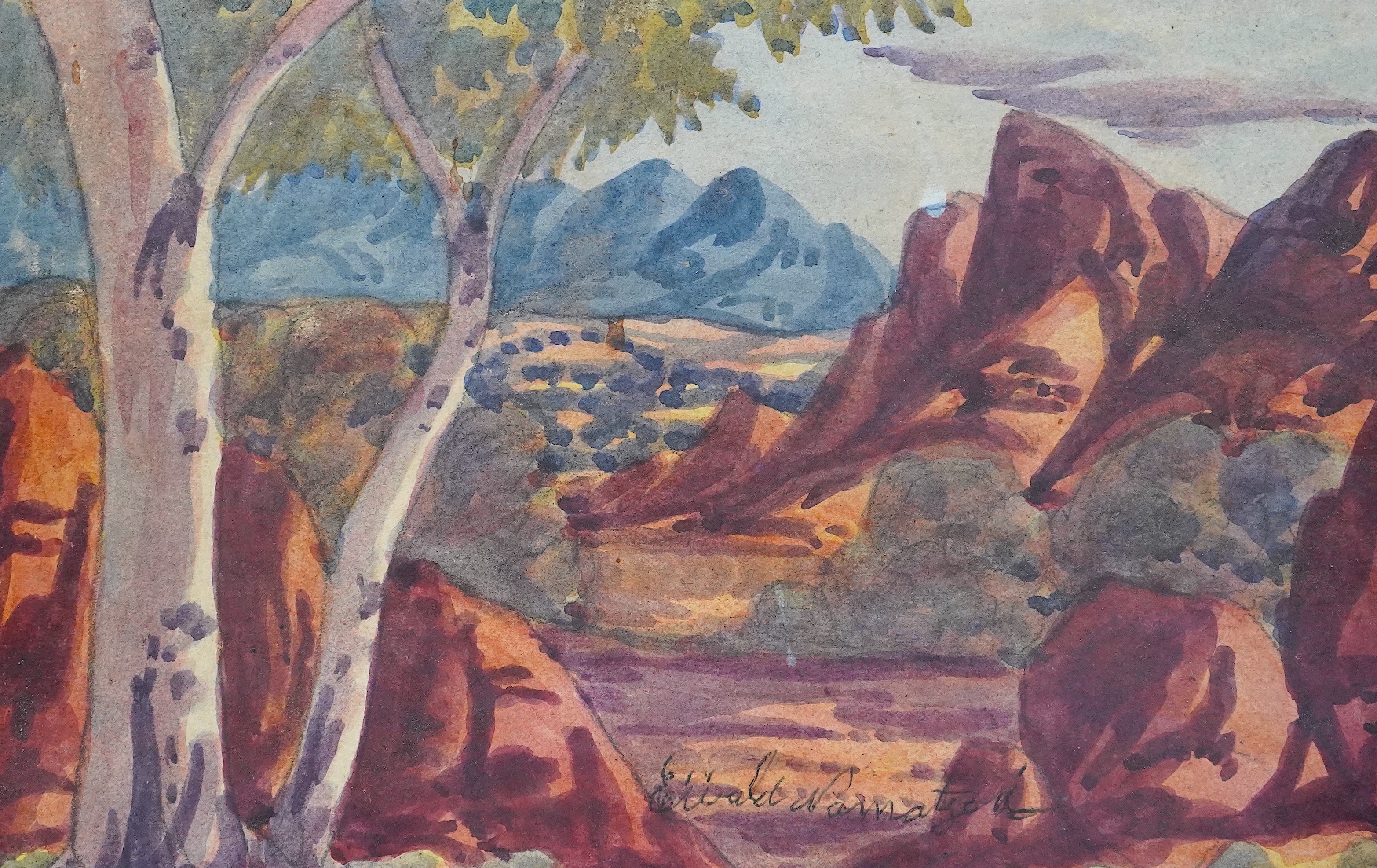 Ewald Namatjira (Australian, 1930-1984), Central Australian landscape, watercolour, 16.5 x 25.5cm